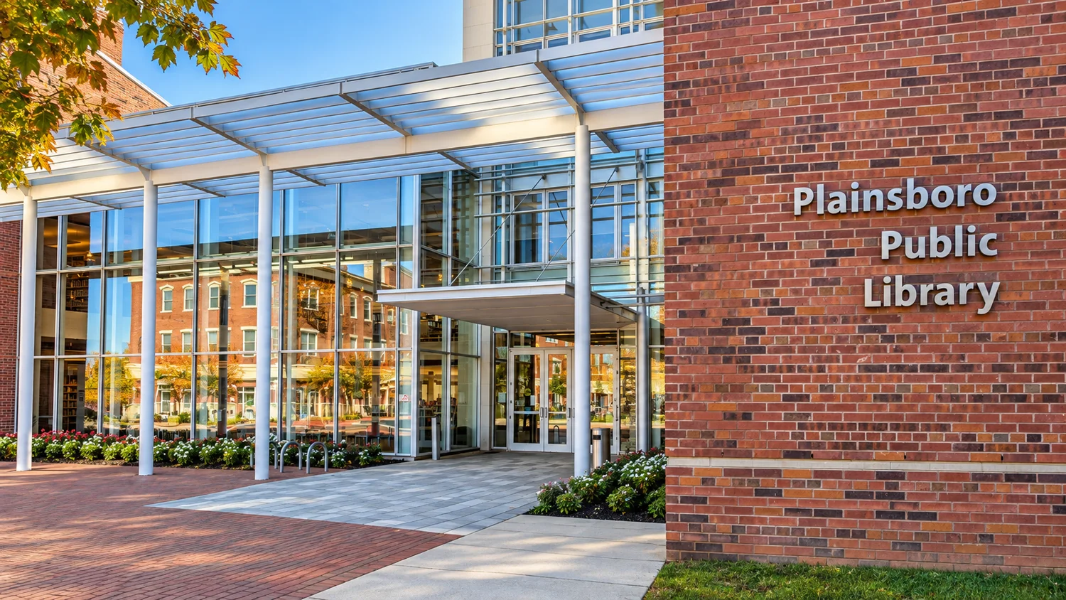 Plainsboro Public Library entrance on an autumn day, Plainsboro Township