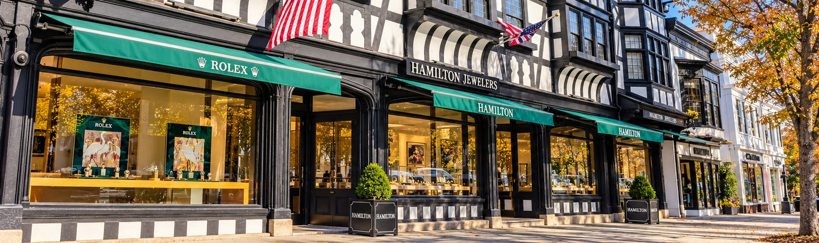 Tudor-style storefronts in Princeton on an autumn day